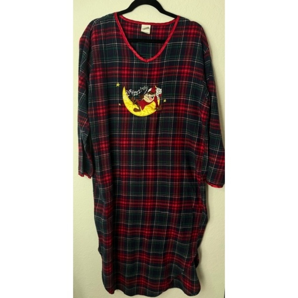 Vintage Warner Bros Studio Store Taz Tasmanian Devil Plaid Flannel Nightgown M